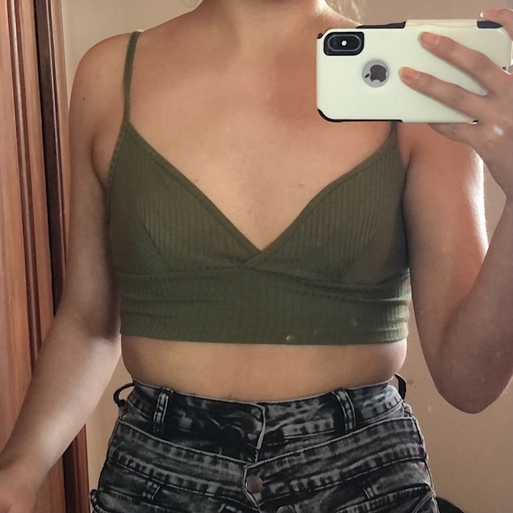 Tops - Army Green Ribbed Bralette Crop Top